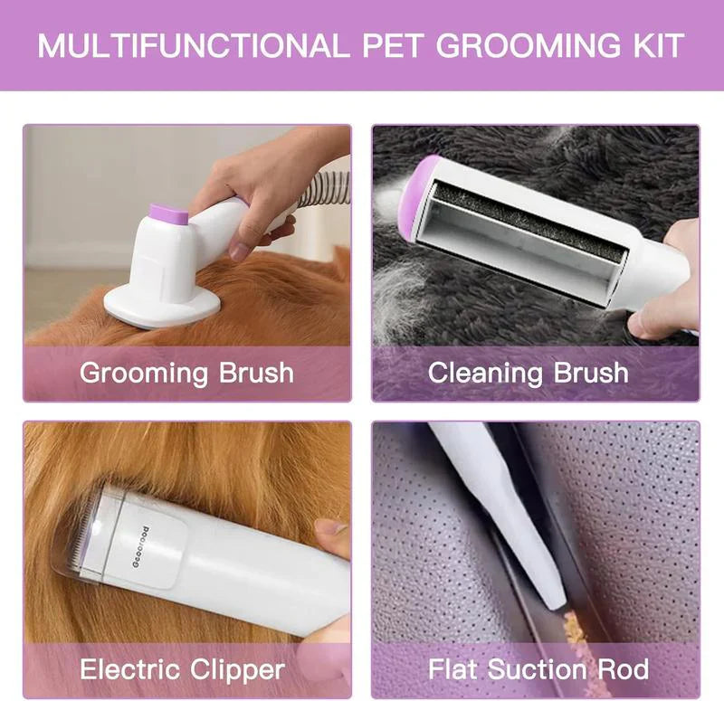Dog Grooming All-in-One Kit with Vacuum Brush 2.5L Large Pog, Stainless Steel Blades Lightweight Design 13KPa Suction Force Portable Cleaning Set